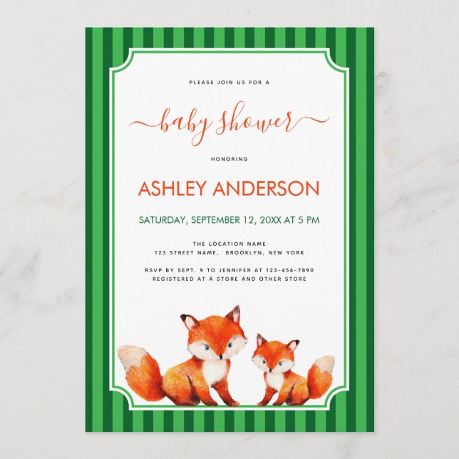 Convite Mama Raposa e Chuveiro de Bebê Listras Verdes Fofo (Frente)