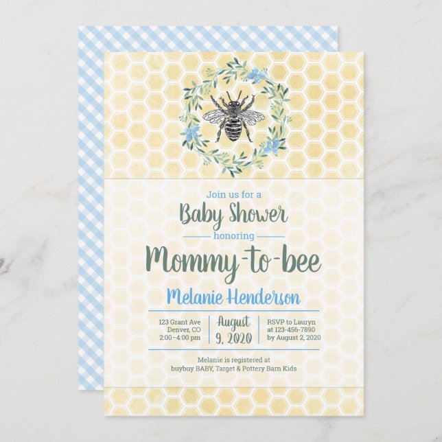 Convite Mamãe a abelha, favos de mel, gingham, chá de fral (Frente/Verso)