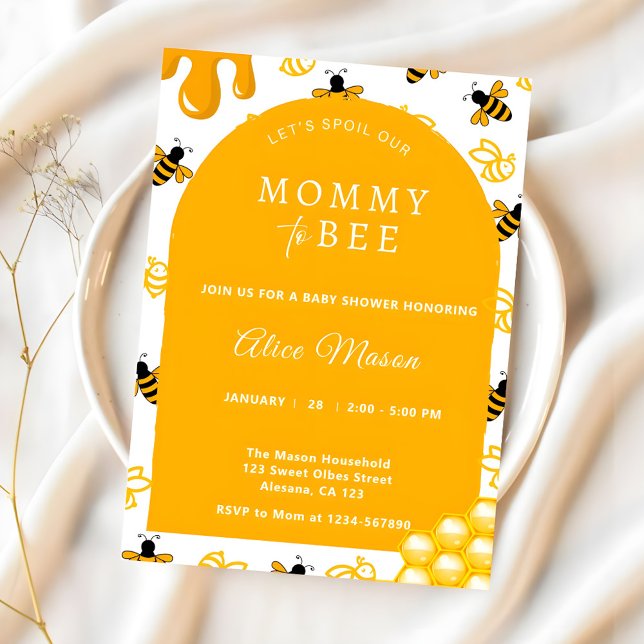 Convite Mamãe Amarela Elegante para Chá de fraldas de Abel (Mommy to Bee Honey Yellow Baby Shower Invitation)