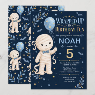 Convite Mamãe Bonito Menino 5º Aniversário Azul Dourado
