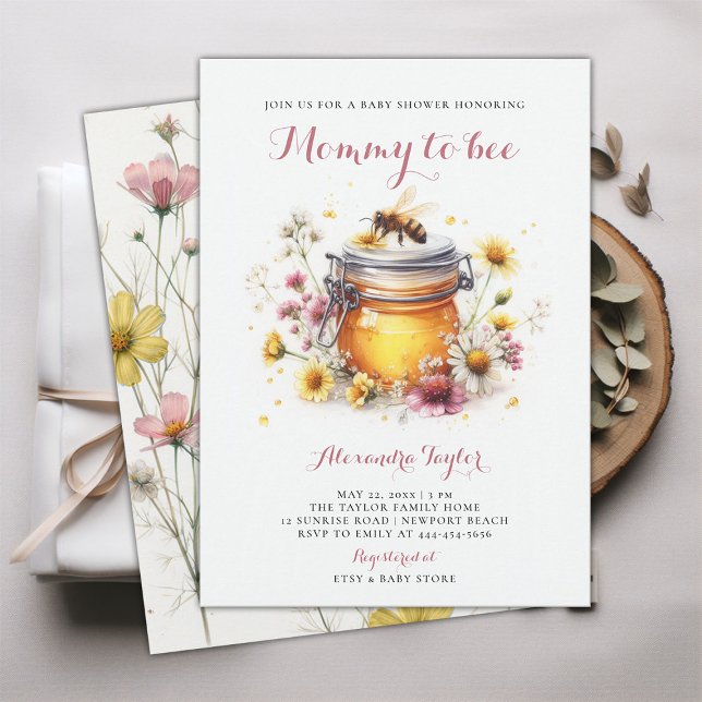 Convite Mamãe de flores silvestres para o Chá de Bebê (mommy to bee baby girl shower invitation watercolor illustration cute adorable whimsical wildflowers)