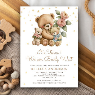Convite Mamãe de Gêmeos Fofos e Ursinhos de Pelúcia Baby S