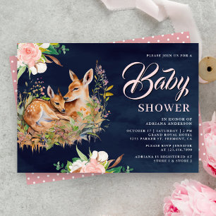 Convite Mamãe e Bebê Veado Floral Azul Marinho Chá de Bebê