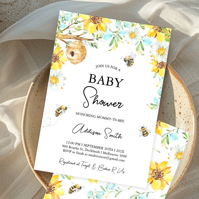 Convite Mamãe Floral Amarelo Azul Para Chá de fraldas De A (Boys Mommy-To-Bee Bee Themed Baby Shower Invitation Floral Bumble Bee baby Shower Invite, Honey Bee)