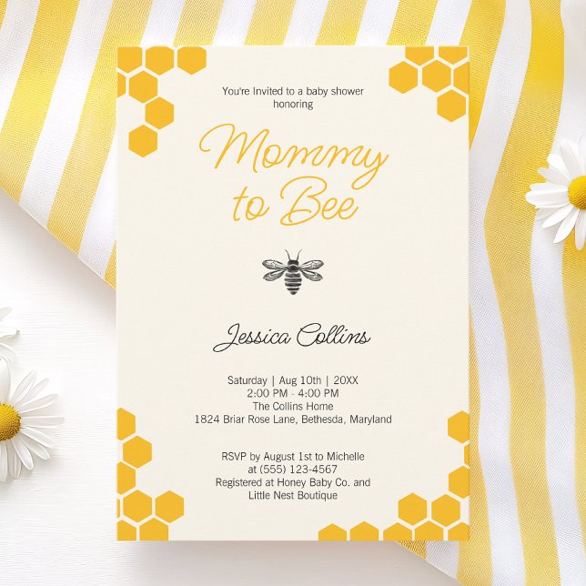 Convite Mamãe para Abelha Neutro Fofo Favo de Mel Amarelo (Mommy to Bee Gender Neutral Cute Yellow Honeycomb Invitation)