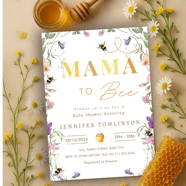 Convite Mamãe para Bee Wildflower Primavera (Mama to Bee Wildflower Spring Baby Shower Invitation)