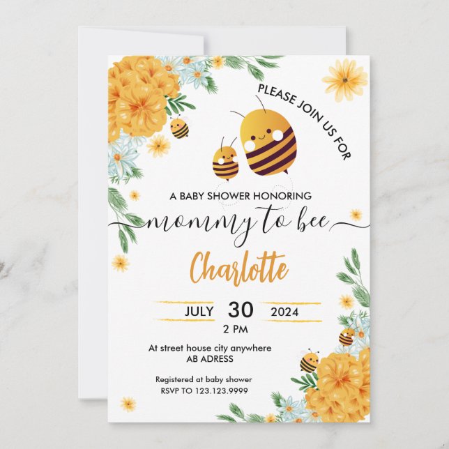 Convite Mamãe para Chá de fraldas de Abelha Aquarela Flora (Frente)