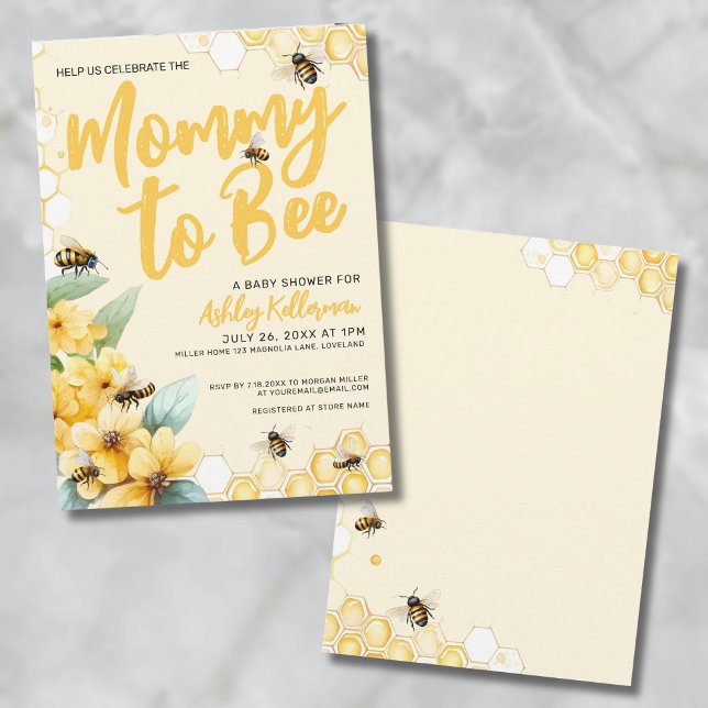 Convite Mamãe para o Chá de Bebê da BEE (Watercolor Mommy to BEE Baby Shower Invitation)