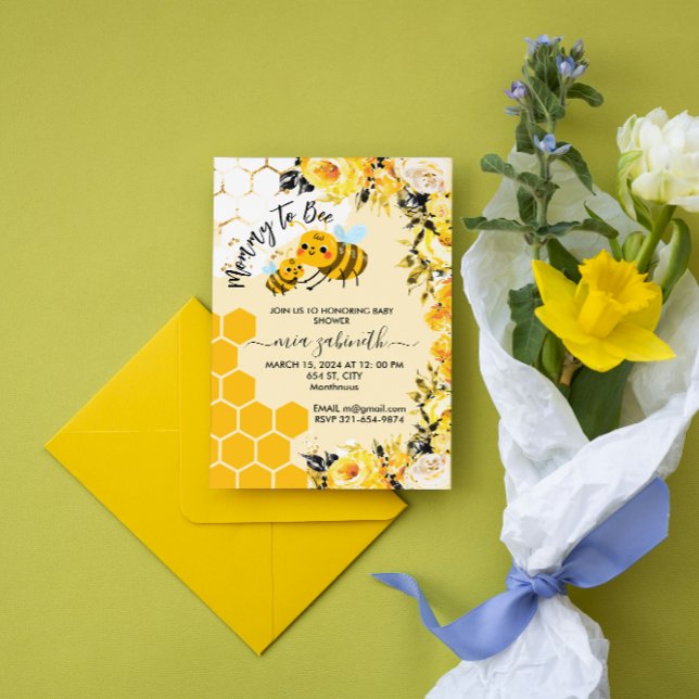 Convite Mamãe para o Chá de fraldas das Flores de Bebê (watercolor Mommy to Bee Honeycomb Flowers Baby shower honey bees theme spring summer for her girl)