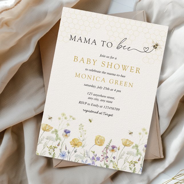 Convite Mamãe para o Chá de fraldas de Jardim Russo de Flo (Mama to bee Baby Shower Wildflowers Spring Summer Garden Aesthetic Gender Neutral Minimalist Boho)