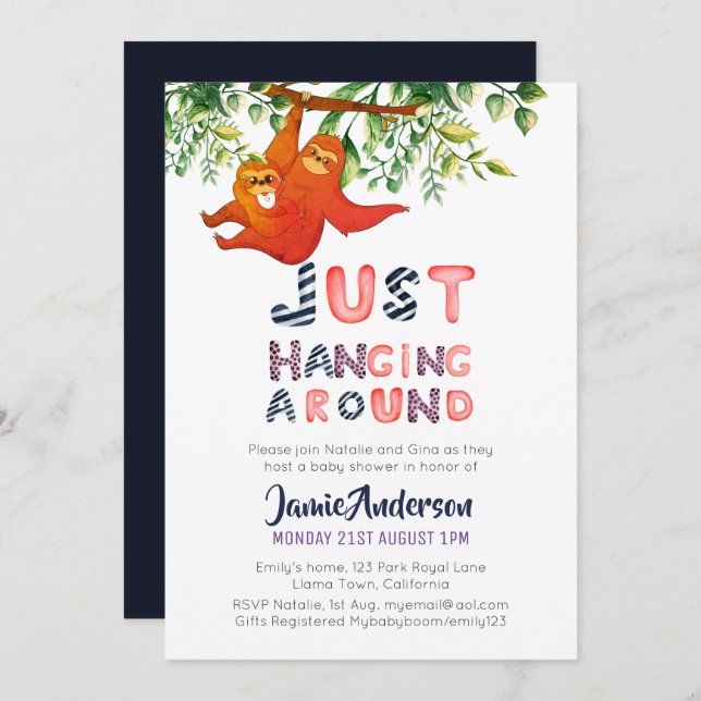 Convite Mamãe SLOTH Só Prendendo O Blue Baby Boy (Frente/Verso)