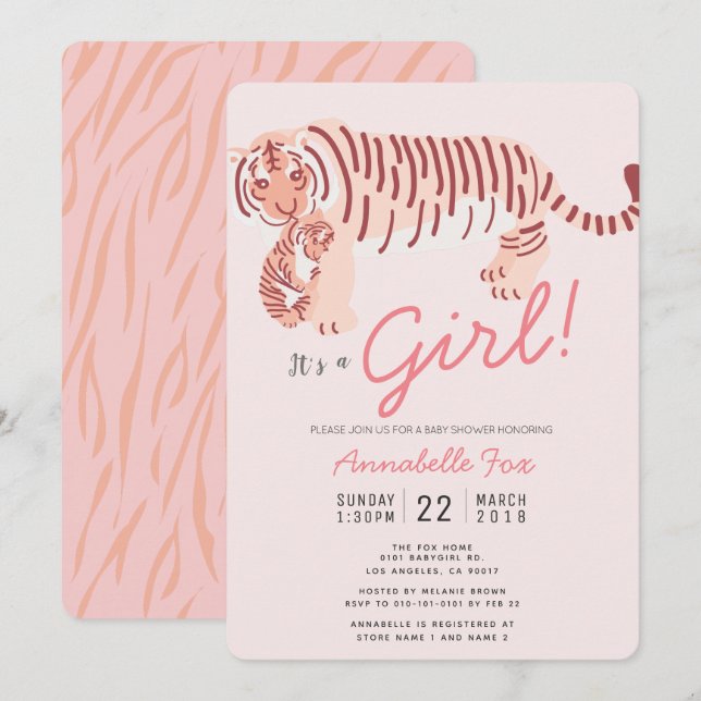 Convite Mamãe Tiger e Cub Pink Girl Chá de fraldas (Frente/Verso)