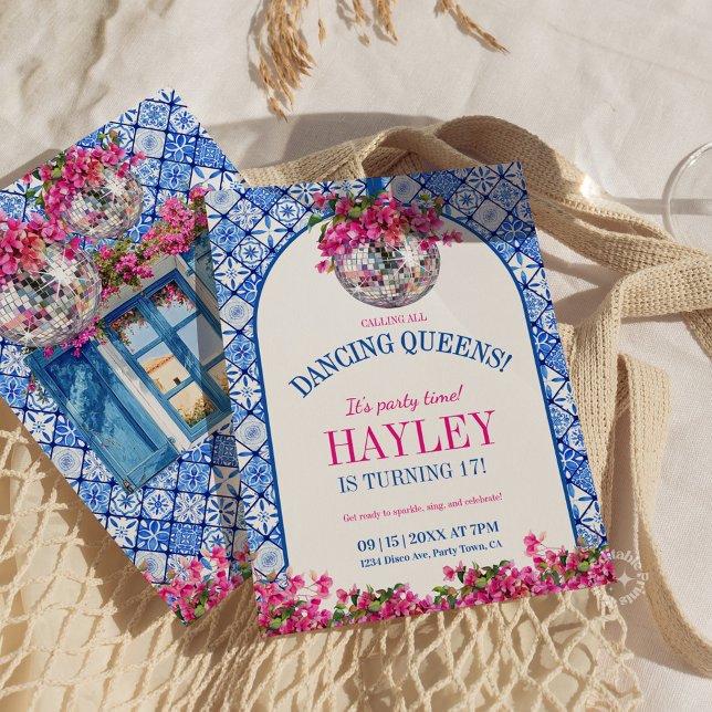 Convite Mamma Mia Mediterranean Dancing Queen Birthday (Mamma Mia Mediterranean Dancing Queen 17 Birthday Invitation)