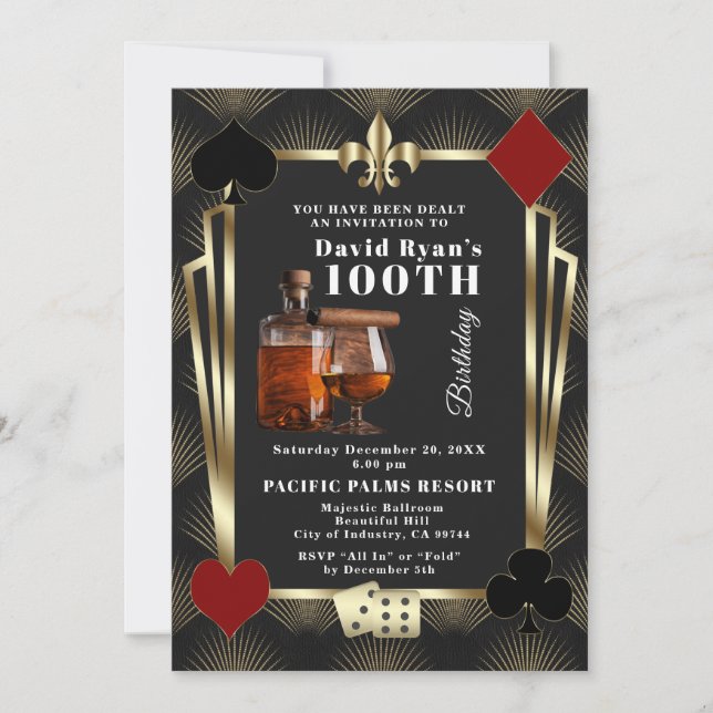Convite Man Casino Cognac And Cigar 100th Birthday Party  (Frente)