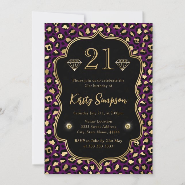 Convite Manchas de leopardo roxo e dourado Aniversário de  (Frente)