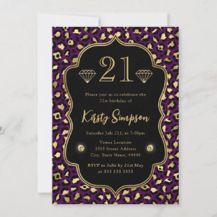 Convite Manchas de leopardo roxo e dourado Aniversário de