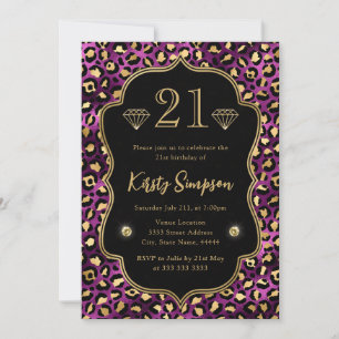 Convite Manchas de leopardo roxo e dourado Aniversário de