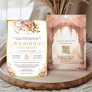 Convite Mandal Hindu de Noiva Floral Rosa Sonhador Casamen