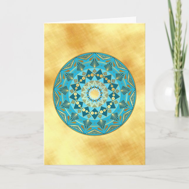 Convite Mandala azul dourado em Fundo de Ouro Suave (Frente)