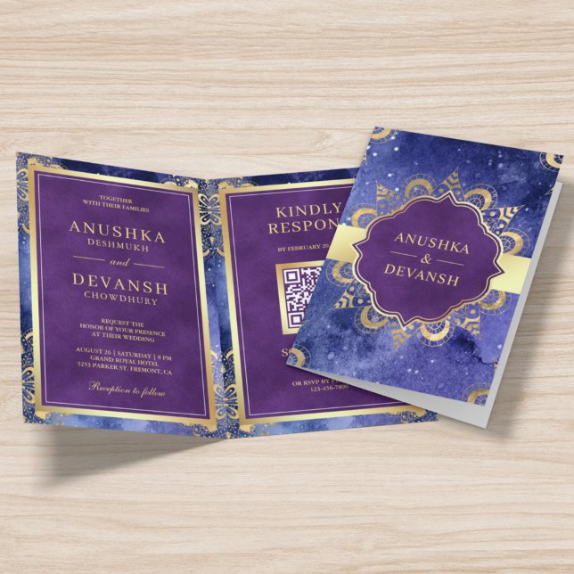 Convite Mandala de Galáxia Periwinkle Código QR Casamento  (Criador carregado)