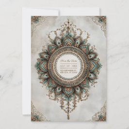 Convite Mandalá de Noiva Boho Elegante Pavão Dourado Azul