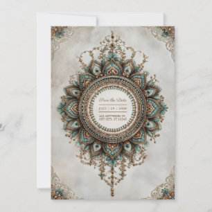 Convite Mandalá de Noiva Boho Elegante Pavão Dourado Azul 