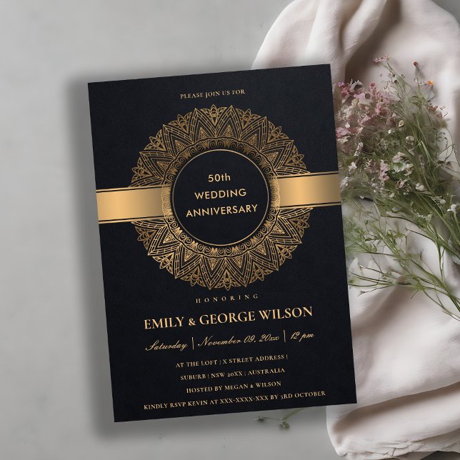 CONVITE MANDALA DOURADA PRETA A QUALQUER ANO 50º ANIVERSÁR (Criador carregado)