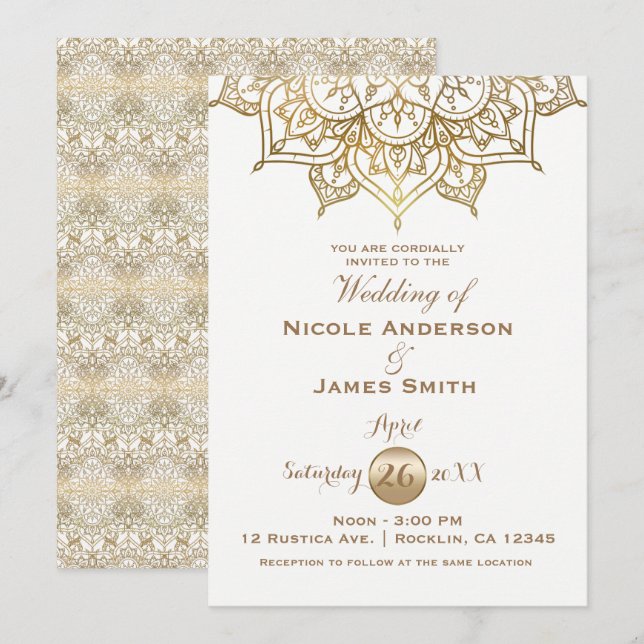 Convite Mandalá Dourado Branco Moderno Elegante Casamento  (Frente/Verso)