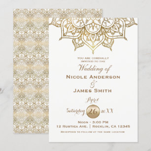 Convite Mandalá Dourado Branco Moderno Elegante Casamento