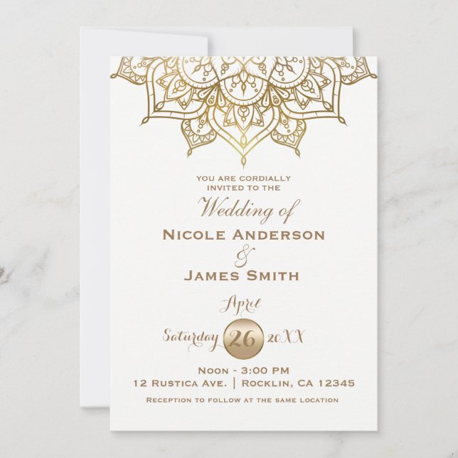 Convite Mandalá Dourado Branco Moderno Elegante Casamento  (Frente)