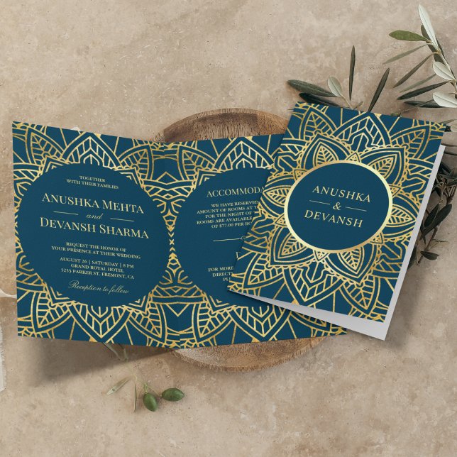 Convite Mandala Étnico Azul e Dourado Casamento Indiano (Criador carregado)