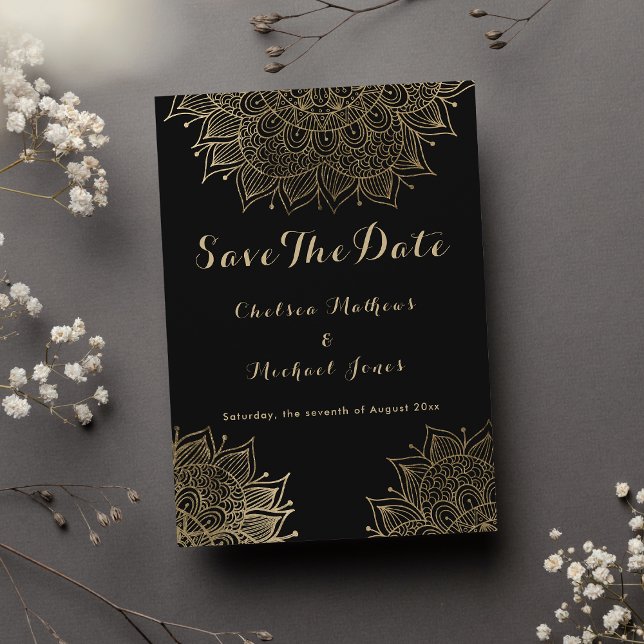 Convite Mandala floral de ouro negro elegante Salvar a Dat (Elegant black gold floral mandala Save The Date Invitation)