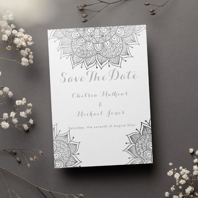 Convite Mandala floral de prata branca elegante Salva a Da (Elegant white silver floral mandala Save The Date Invitation)