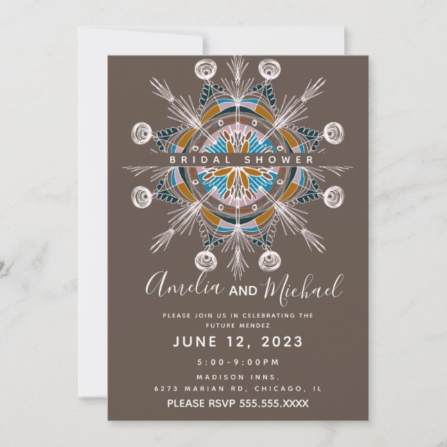 Convite Mandala Moderna Desenhada à Mão Arte Boho Chuveiro (Frente)