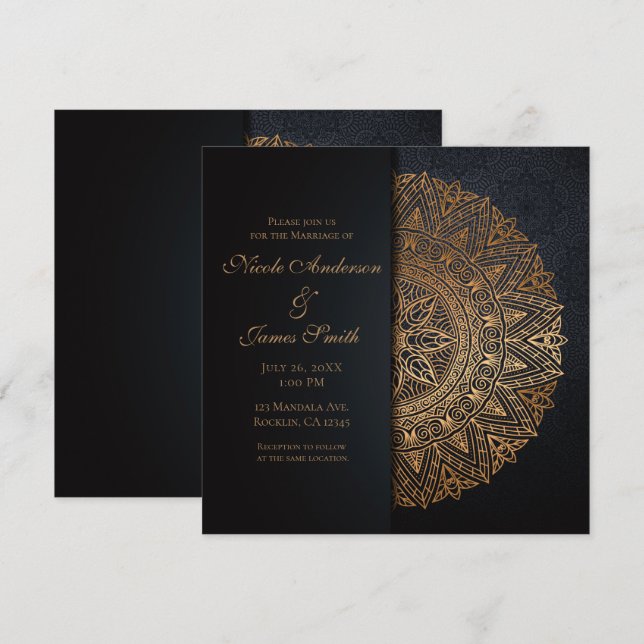 Convite Mandala Preto e Dourado Casamento Elegante (Frente/Verso)