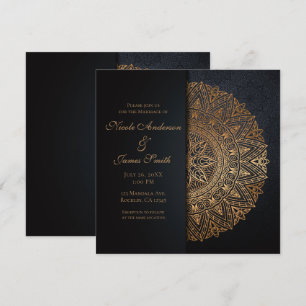 Convite Mandala Preto e Dourado Elegante Casamento