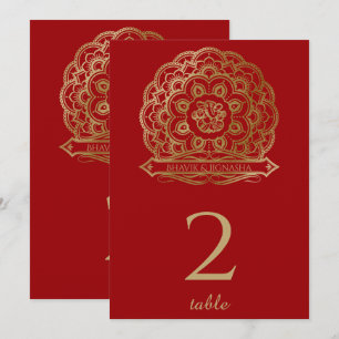 Convite Mandala Vermelho e Dourado Número da Mesa Indiano