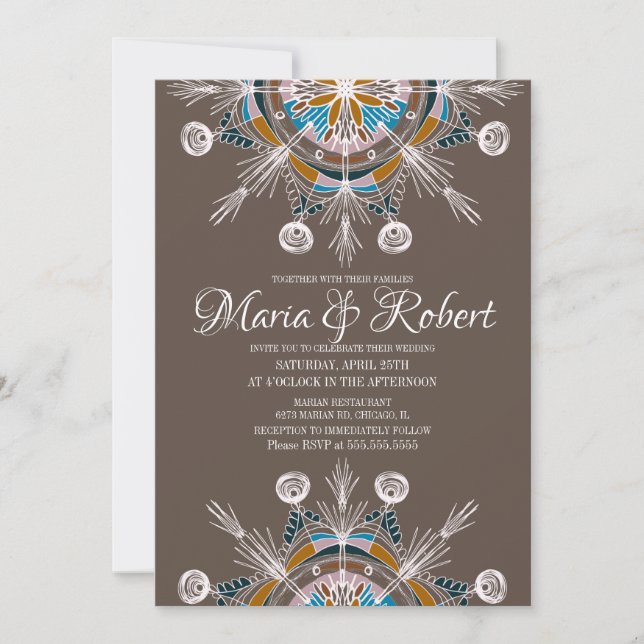 Convite Mandalas Boêmios Coloridos Casamento Marrom Boho (Frente)