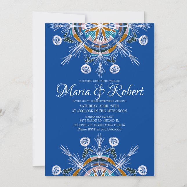 Convite Mandalas Coloridos Boêmios Casamento Azul Boho (Frente)
