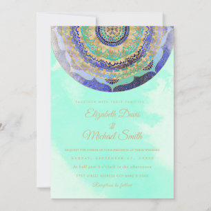 Convite Mandalas em Aquarela Azul Dourado