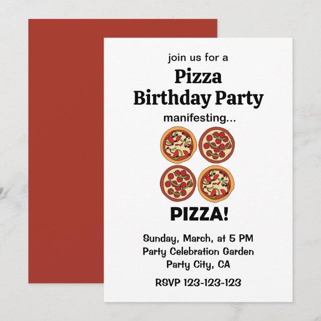 Convite Manifesting Pepperoni Pizza Birthday Party (Frente/Verso)