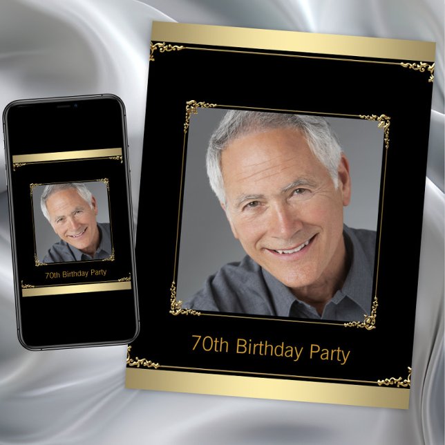 Convite Mans Black and Dourado Festa de aniversário (Mans black gold any birthday party invitation. Instant download and printed invitations available.)