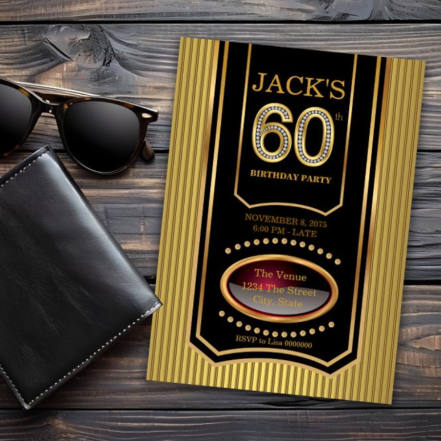 Convite Mans Black Dourado 60th Festa de aniversário (Mans black gold 60th birthday invitation. Message us if you need a different number for your event.)