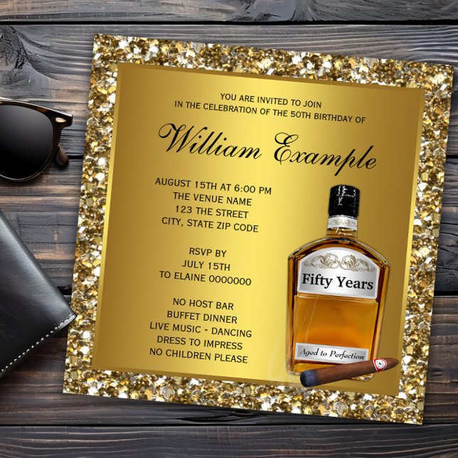 Convite Mans Dourado De Perfeição No Aniversário De Uísque (Mans whiskey and cigar birthday any occasion invitation. All text, font and wording can be changed.)