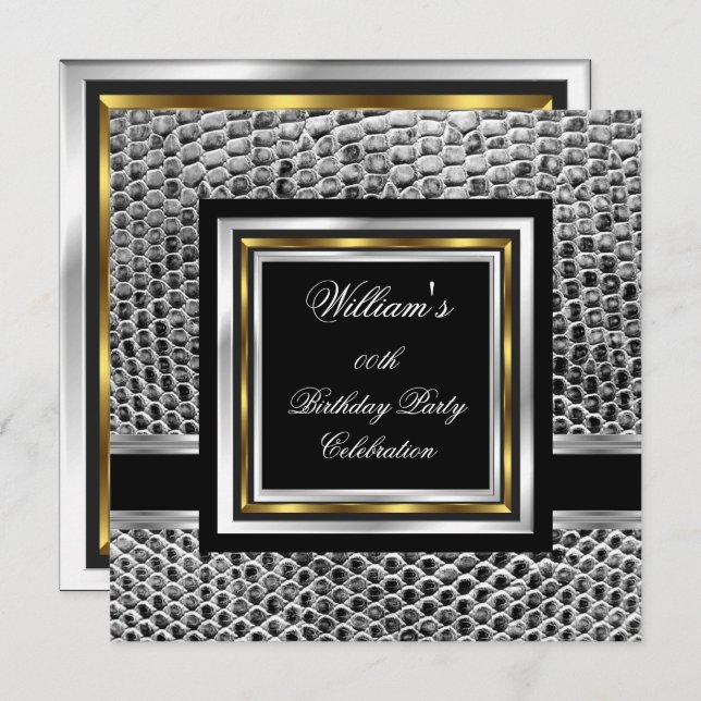 Convite Mans Elegante Black Dourado Silver Festa de aniver (Frente/Verso)