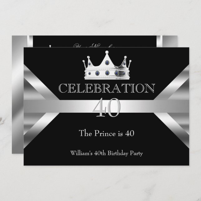 Convite Mans Elegante Black Silver Prince King Birthday (Frente/Verso)