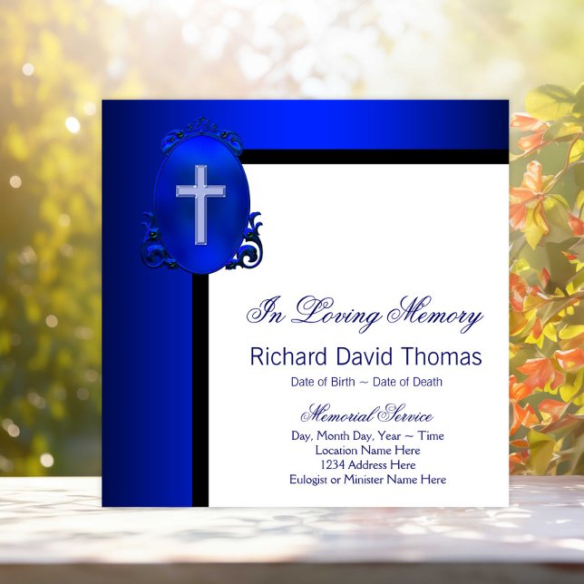 Convite Mans Marinho Blue Cross In Loving Memory Memorial (Pretty royal blue memorial and funeral notice. Simply add your event details.)