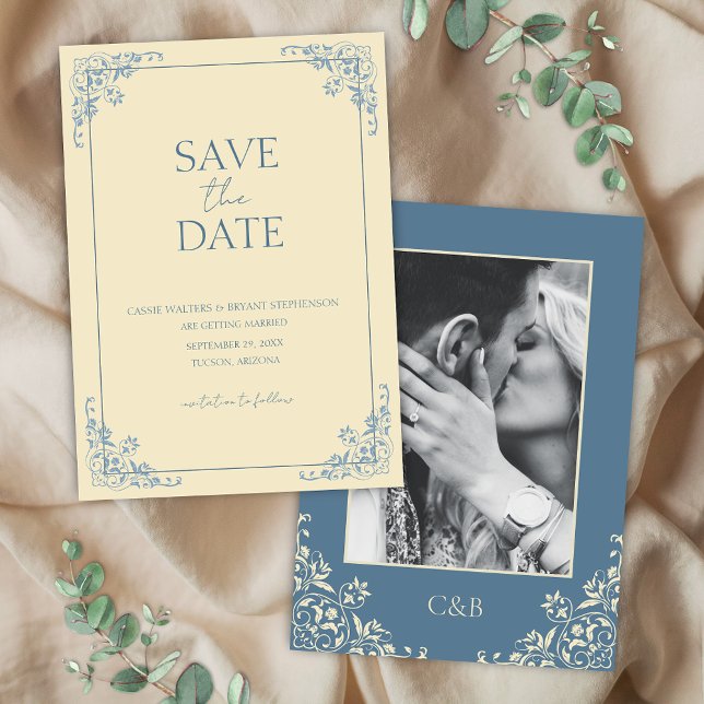 Convite Manteiga Amarelo Azul Mínimo Salve a Data (Elegant butter yellow and dusty blue photo save the date cards for romantic bridgerton inspired card)