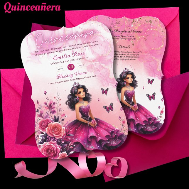 Convite Manteiga cor-de-rosa magenta Quinceanera Vestir Bo (Criador carregado)