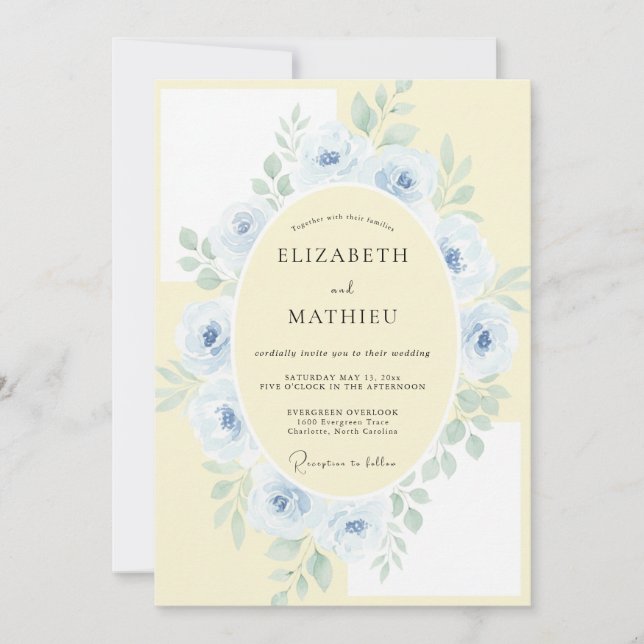 Convite Manteiga Creme Pétala Azul Casamento (Frente)